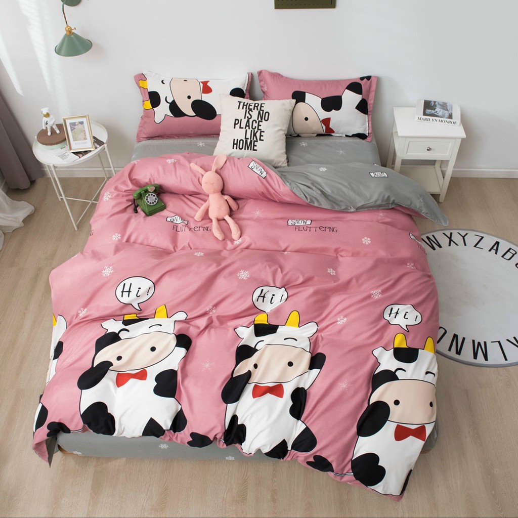 [RẺ VÔ ĐỊCH] Bộ Chăn Ga Vỏ Gối Cotton Poly Decor Phong Cách Hàn Quốc Họa Tiết Bò Sữa Hồng Cute