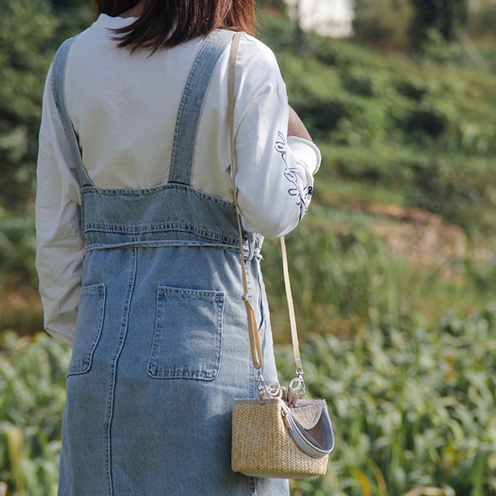 Túi Đeo Vai Bằng Rơm Phối Lưới Thoáng Khí Màu Sắc Cà Phê Cho Hamster/ Sóc/ Thú Cưng