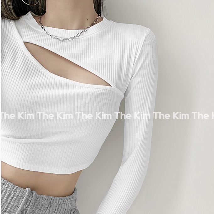 Áo len dài tay croptop khoét ngực , thun len cổ tròn thu đông ôm sát body The Kim AD120