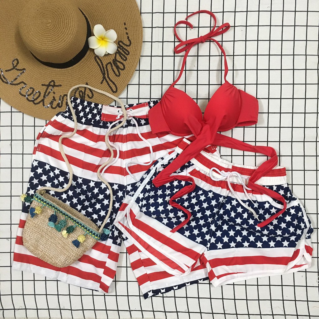 SET COUPLE, QUẦN ĐÔI ĐI BIỂN HỌA TIẾT CỜ MỸ MIX ÁO GỌNG NÂNG NGỰC ĐỎ -_
