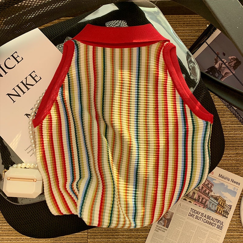 Áo Dệt Kim Sát Nách Cổ polo Họa Tiết Kẻ Sọc Phong Cách Retro