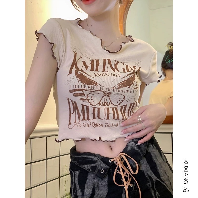Áo CropTop In Hình Bướm Cuốn Biên