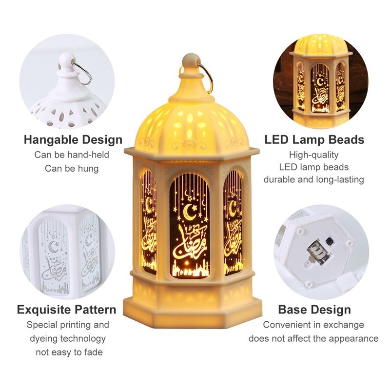 Eid Mubarak Ramadan Đèn LED Vàng Có Tay Cầm Trang Trí Ban Đêm Hình Đèn Lồng Hồi Giáo Ấm Áp Có Tay Cầm