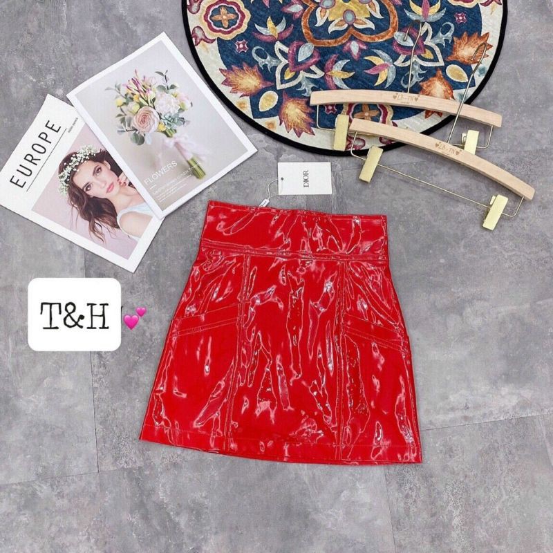 Chân váy da bóng trơn cạp cao hàng QCL1
