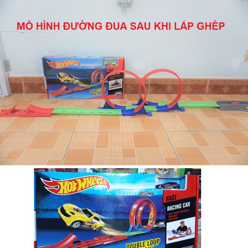 Đồ chơi trẻ em bộ lắp ghép đường đua xe hot wheels gồm 1 xe ô tô Hot wheel và 2 vòng xoắn