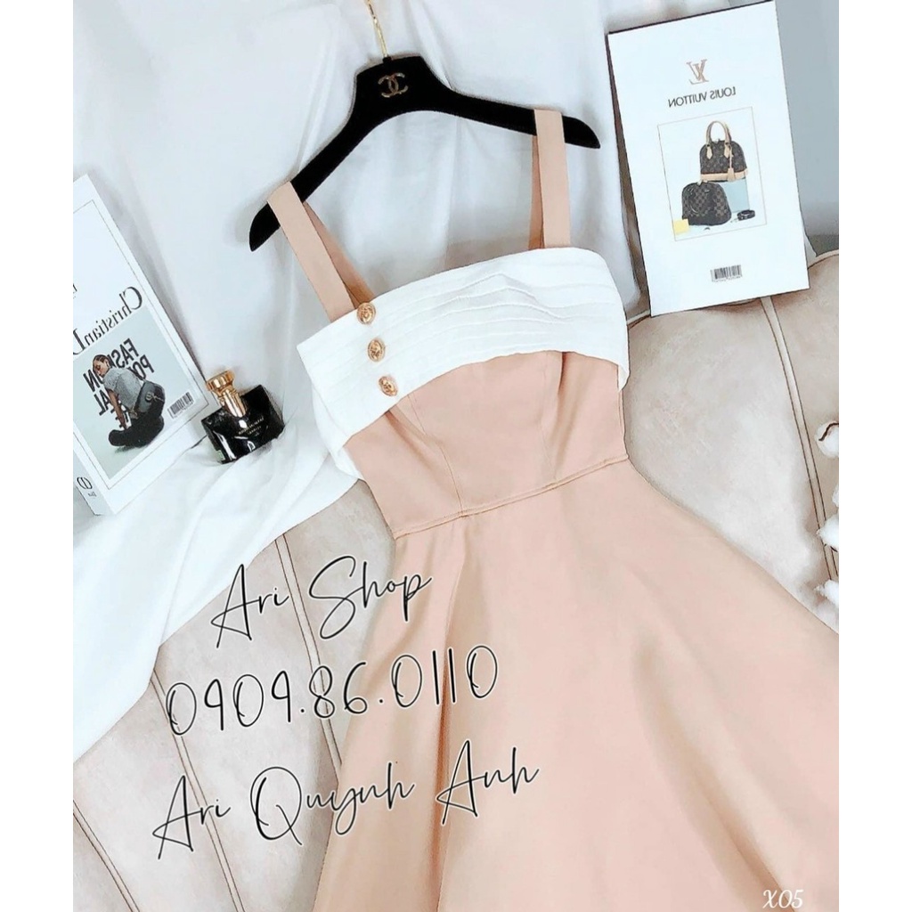 [Đầm free ship] Đầm công chúa đi dư tiệc cưới sang trọng dễ thương với thiết kế 2 dây có mút, đính khuy cúp ngực cá tính