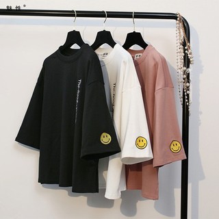 Áo thun nữ form rộng tay lỡ mặt cười ( trắng, đen, hồng) áo thun nữ tay lỡ áo thun nữ(cam kết như hình )