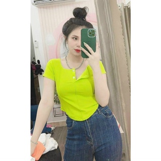 Áo thun borip cổ vuông gài nút bấm tay ngắn xinh xắn ttsla0826