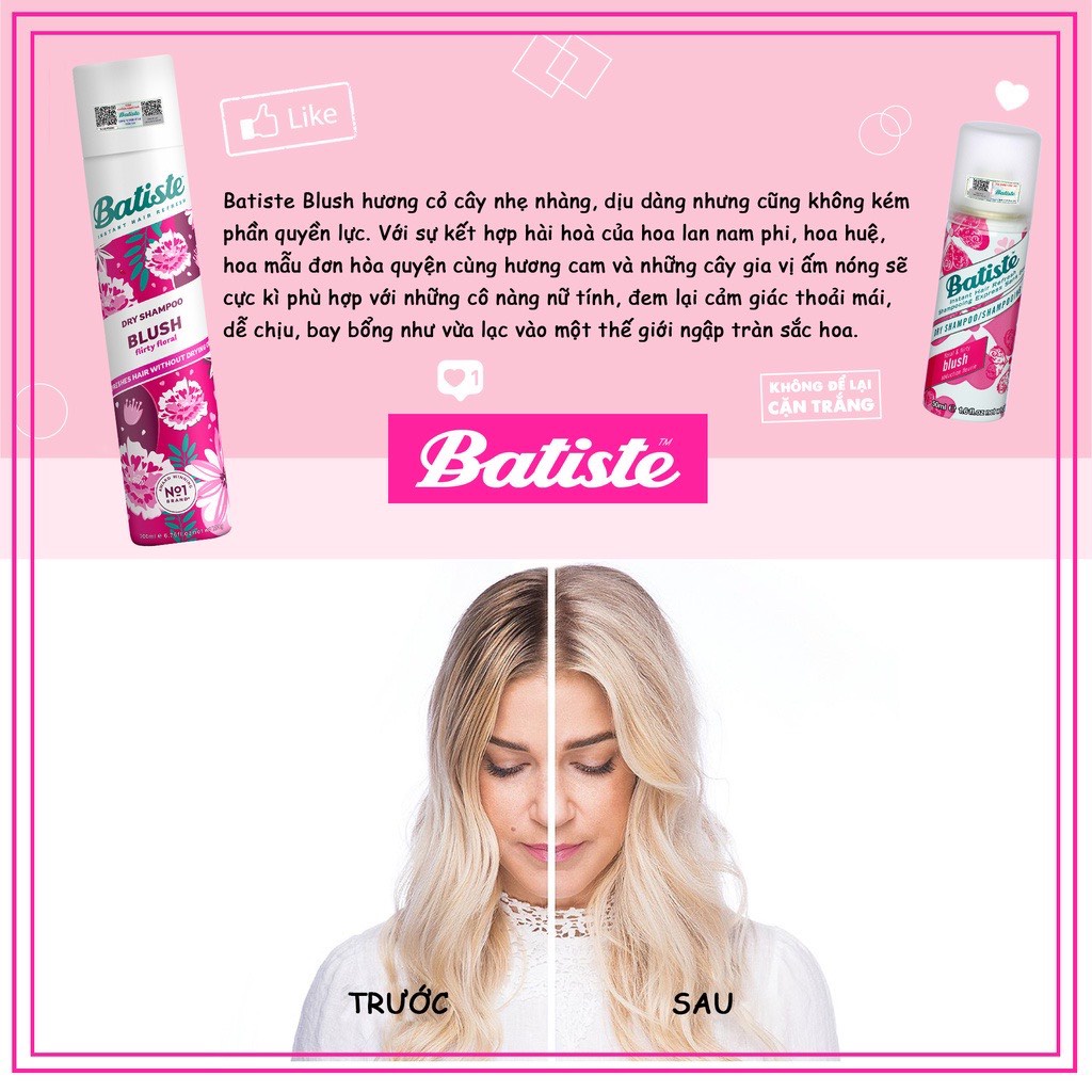 Dầu Gội Khô  Anh Quốc Hương Hoa Quyến Rũ - Batiste Dry Shampoo Floral &amp; Flirty Blush 200ml