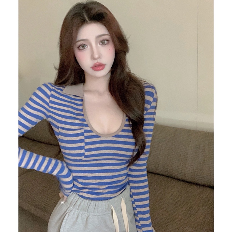 Áo Thun Tay Dài Cổ Chữ V Họa Tiết Kẻ Sọc Phong Cách Retro Thời Trang Mùa Đông