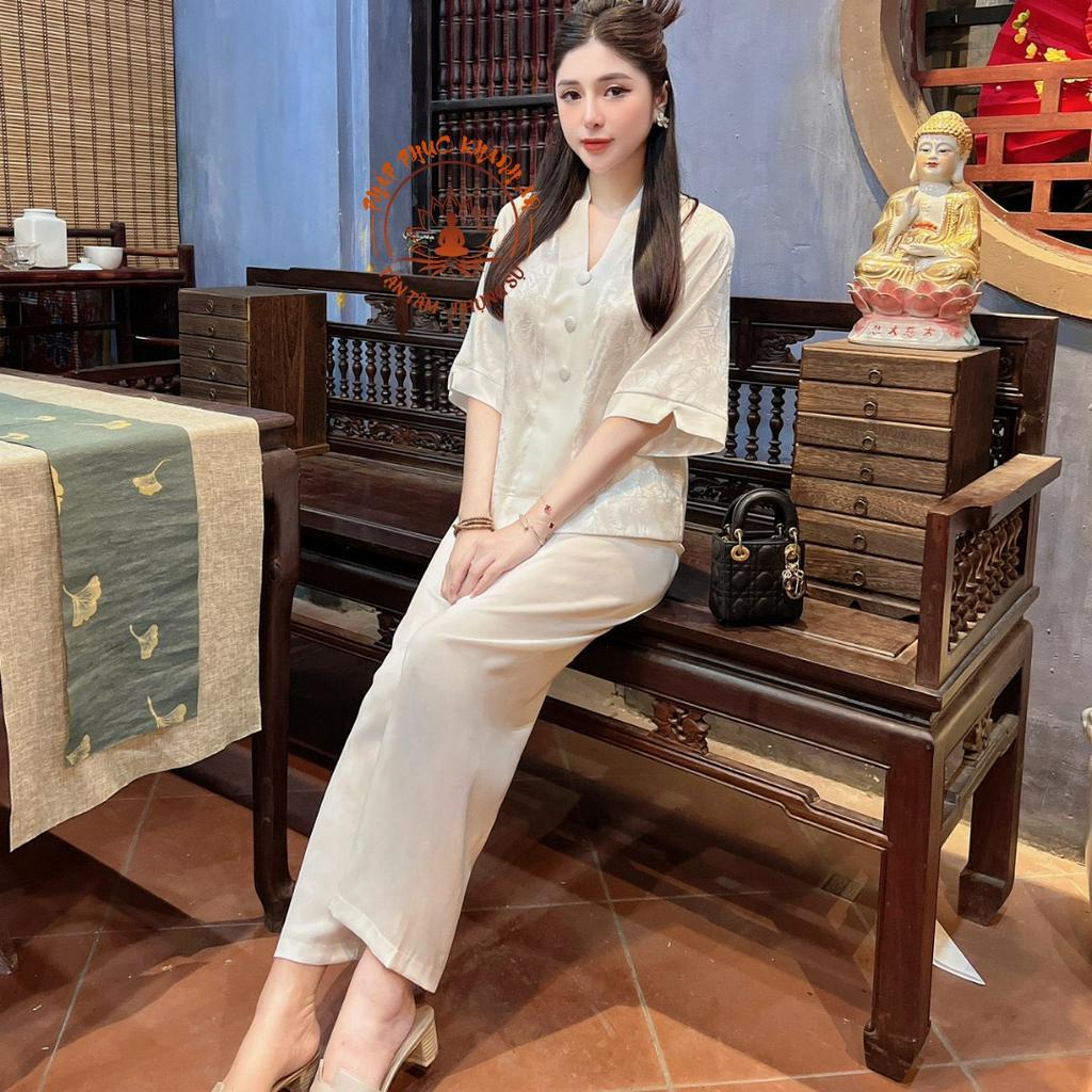 Pháp Phục Khánh An Bộ Phật Tử Đồ Lam Đi Chùa Pháp Phục Tay Lỡ Lụa Gấm Cao Cấp