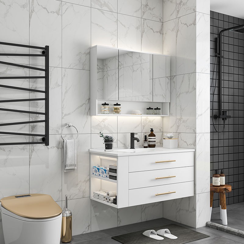 Hiện đại và đơn giản kết hợp tủ phòng tắm bằng gỗ nguyên khối giản, Chậu rửa bàn trang điểm đặt sàn kiểu Bắc Âu ch | BigBuy360 - bigbuy360.vn