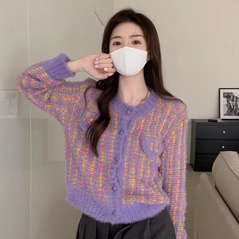 Áo Khoác Cardigan Dệt Kim Ngắn Hình Trái Tim Màu Tím Phong Cách Pháp Thời Trang Xuân Thu Mới 2022 Dành Cho Bạn Nữ