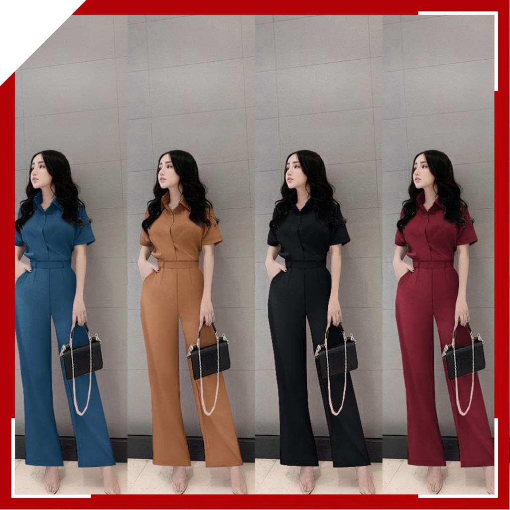 Set Đồ Bộ 💝FREESHIP💝 Set nguyên bộ áo sơ mi quần dài ống suông dây kéo lưng xinh xắn J1123