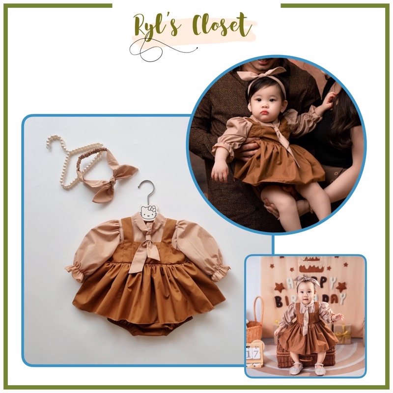 Body Váy Nâu Tây Bé Gái Sơ Sinh Đến 12kg, Bodysuit Bé Gái Tay Dài Chất Thô Boi Thấm Hút Tốt