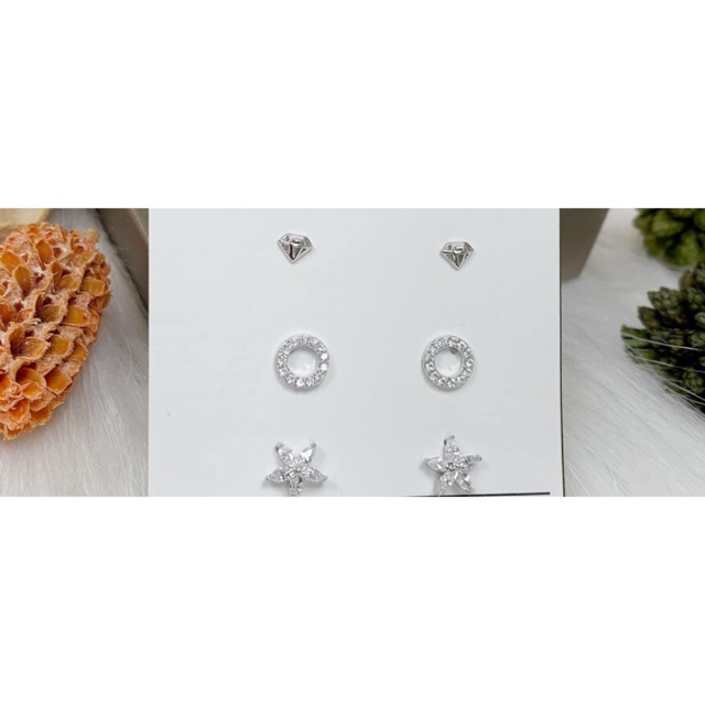 Set khuyên tai 3 đôi bạc thật mạ vàng trắng siêu đẹp (sao, tròn, mô hình kim )