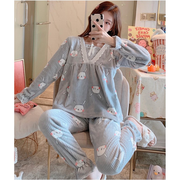 Đồ Bộ Pijama 🌸 Bộ Ngủ Thu Đông Nữ Chất Liệu Nhung Tăm Tay Dài MSP446 | BigBuy360 - bigbuy360.vn