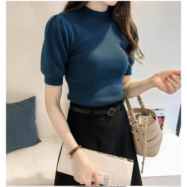 Áo len tay bồng dáng ôm cổ 3p, áo len tay lỡ sang chảnh