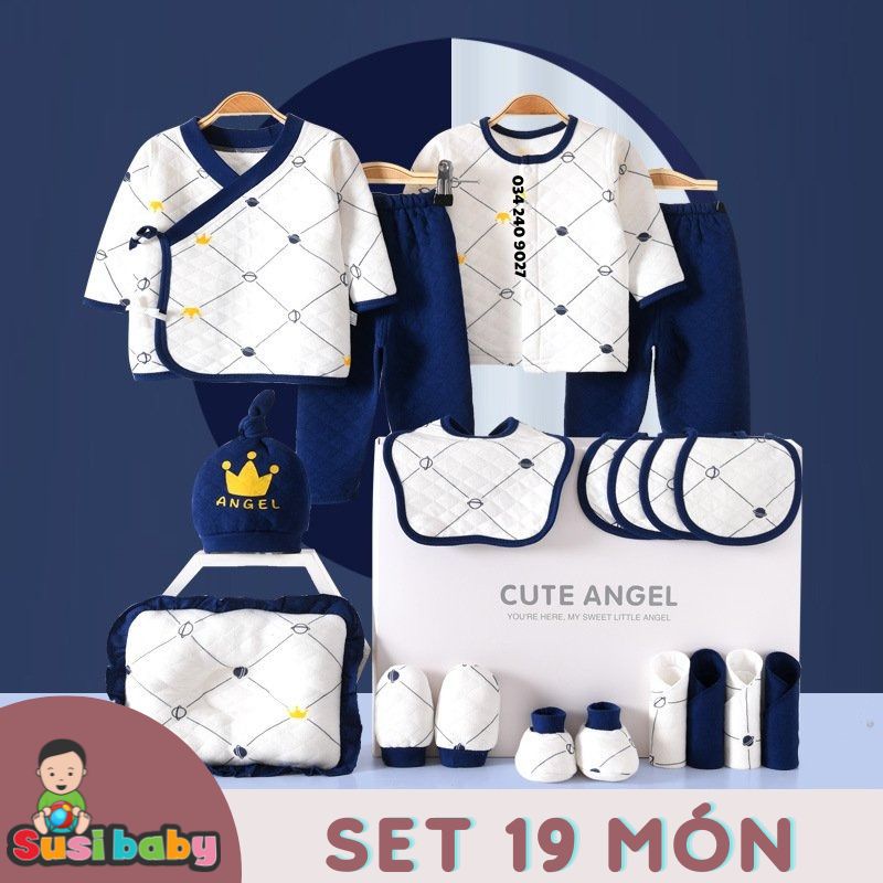 [KÈM QUÀ TẶNG] SET ĐỒ SƠ SINH 19 CHI TIẾT CAO CẤP 2 MÀU HỒNG XANH CHO BÉ TRAI BÉ GÁI LÀM QUÀ ĐẦY THÁNG