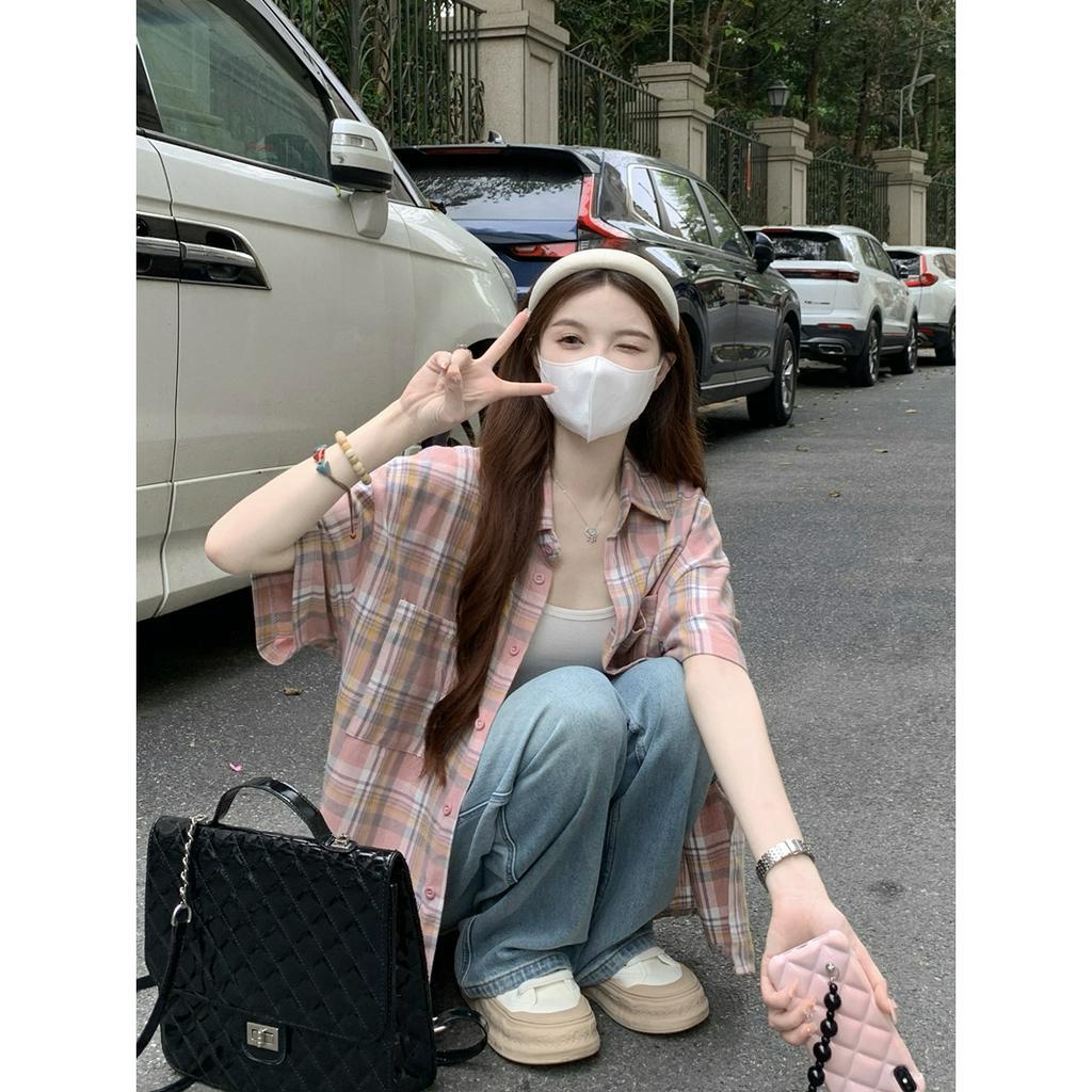 Ethelgirl Áo Sơ Mi Tay Ngắn Cổ Polo Họa Tiết Sọc Caro Màu Hồng Thời Trang Phong Cách Hàn Quốc Cho Nữ