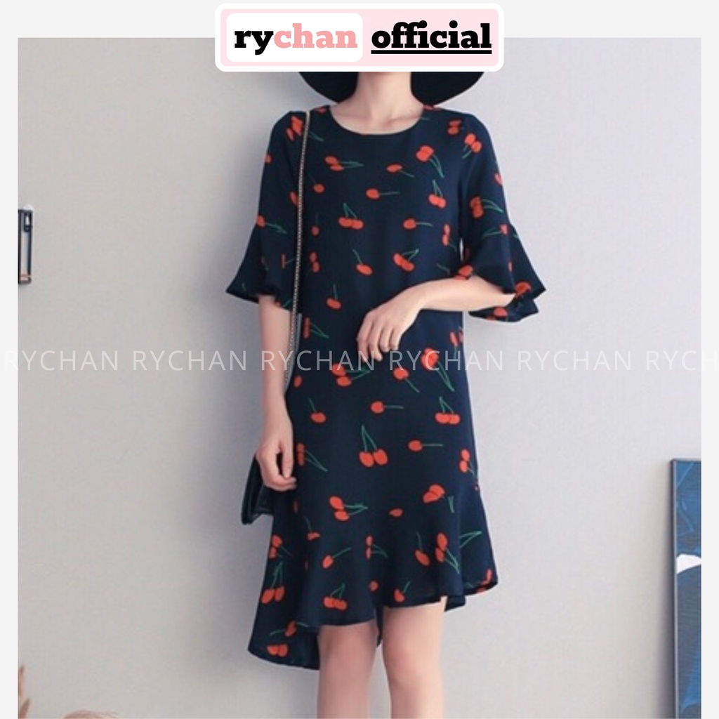 Đầm Nữ Họa Tiết Cherry Tà Xéo Độc Đáo, Váy Nữ Dạo Phố Cafe Cổ Tròn Tay Lửng Phối Bèo Màu Xanh Đen - DX9704