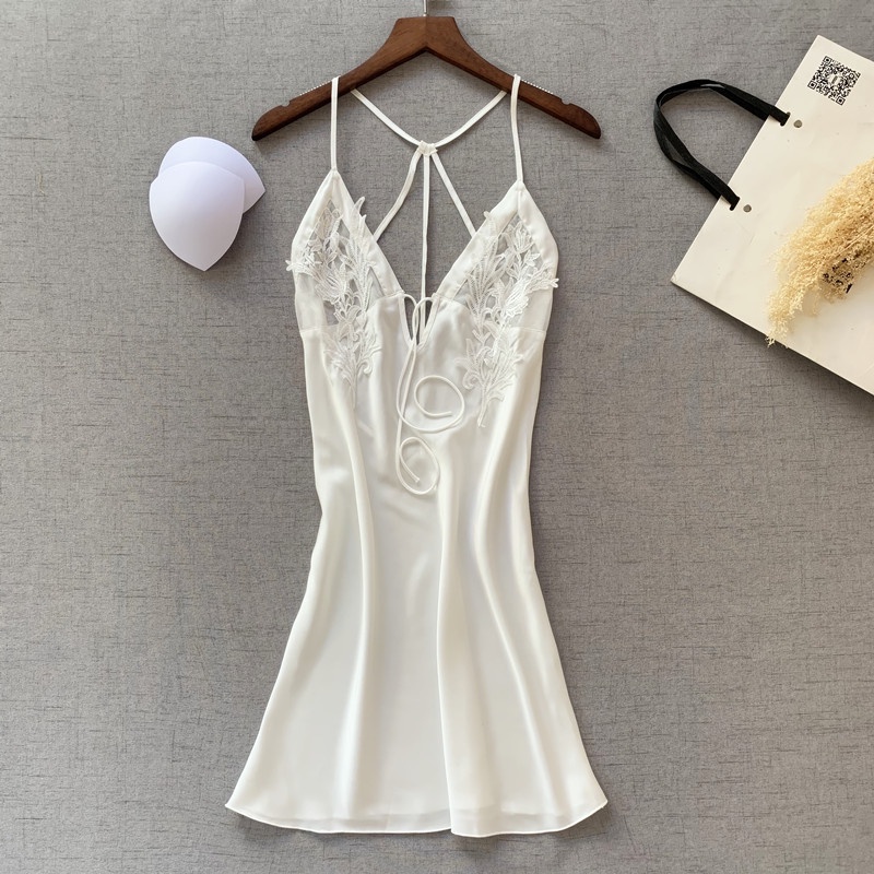 Đầm Ngủ Hai Dây Hở Lưng Thêu Ren Có Mút Ngực Thời Trang Quyến Rũ Cho Nữ