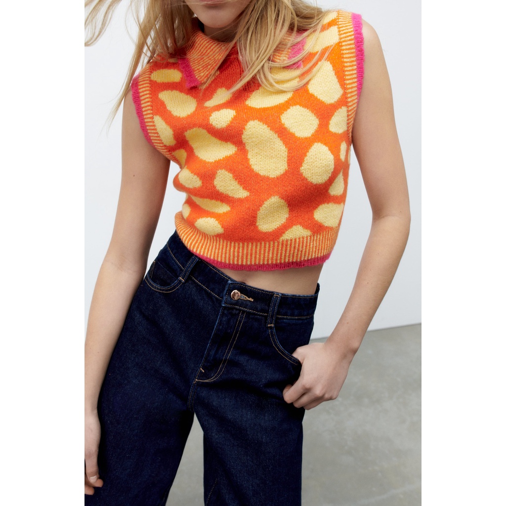 Zara Đức - Áo len họa tiết da beo màu cam không tay đính nút auth new tag cao cấp chính hãng có sẵn sale 3859/013 gile