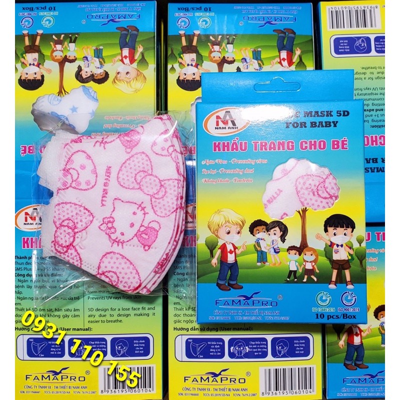 ✅ Hộp 10 cái khẩu trang cho bé 5D mask Famapro Nam Anh hình Hello kitty Hồng