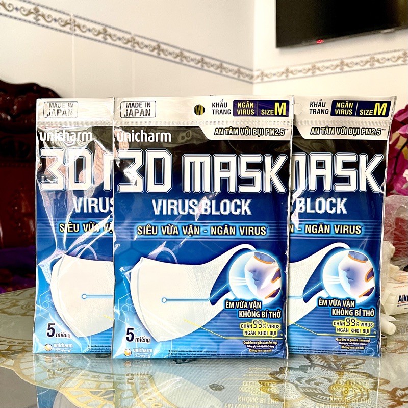 Khẩu trang ngăn vi khuẩn Unicharm 3D Mask Virus Block size M gói 5 cái