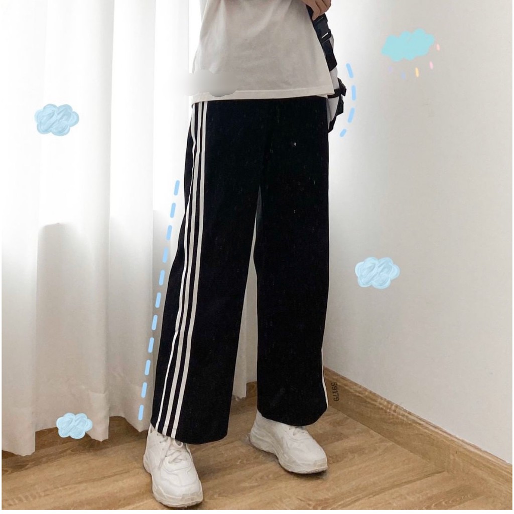 Quần ống rộng 3line Lylyshop Unisex, quần ống suông 3 sọc trắng thể dục phong cách unisex cạp chun có dây rút dễ mặc | BigBuy360 - bigbuy360.vn