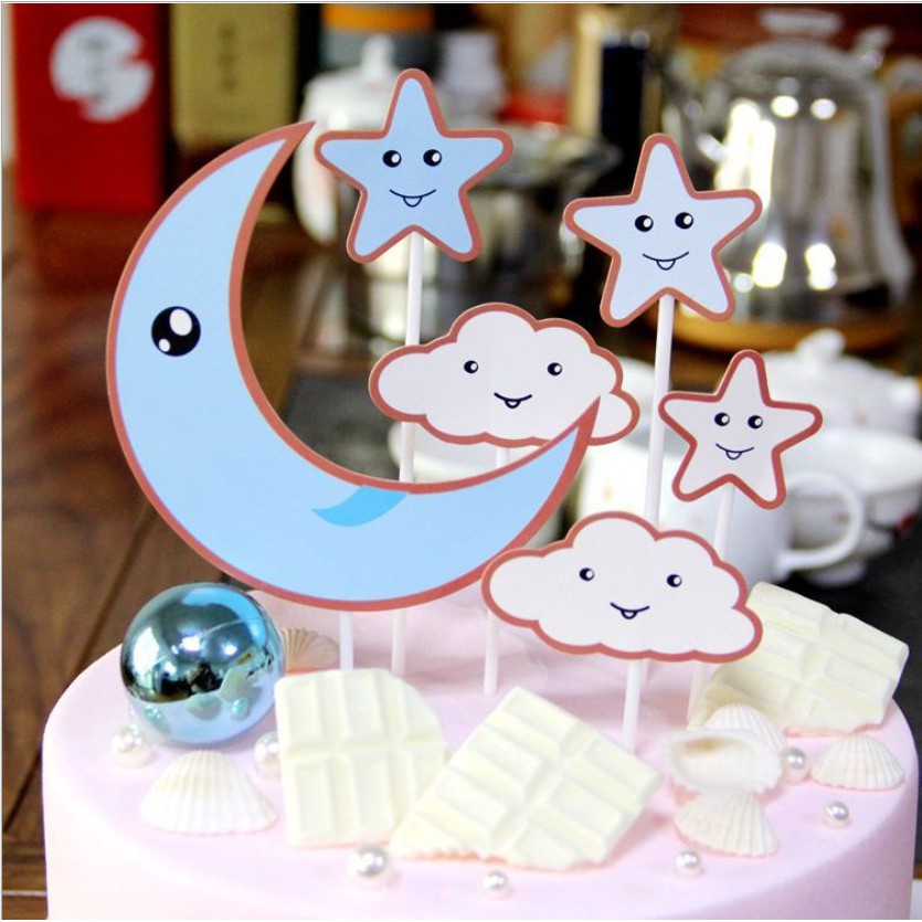 Combo 10 bộ 60 hình cắm giấy mây trăng sao trang trí bánh sinh nhật, topper cake