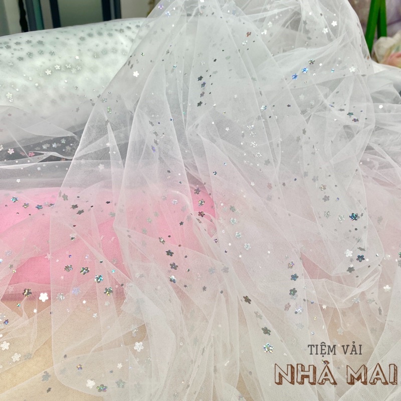 1M Voan Lưới Trắng Mềm Đính Trăng Sao-Hoa Nhí