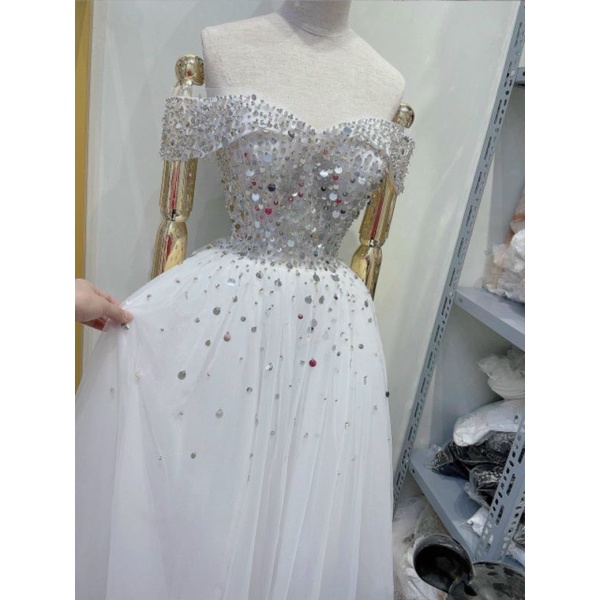 Đầm váy xòe công chúa bẹt vai kết kim sa treo sang trọng xinh xắn