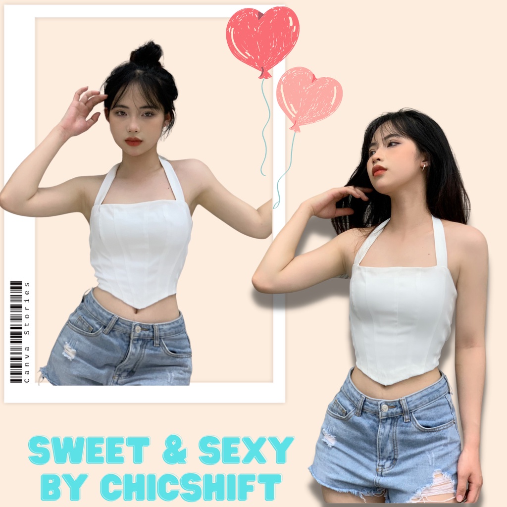 Áo croptop cổ yếm dáng corset dây dài thắt nơ quyến rũ hot trend