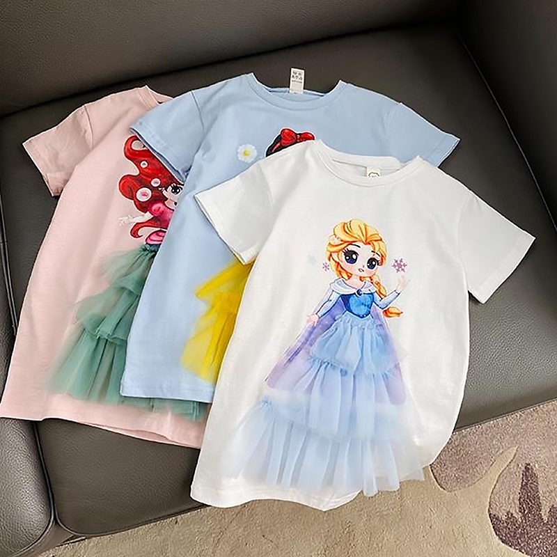 DISNEY Đầm Công Chúa Ngắn Tay Phối Lưới Xinh Xắn Dành Cho Bé Gái