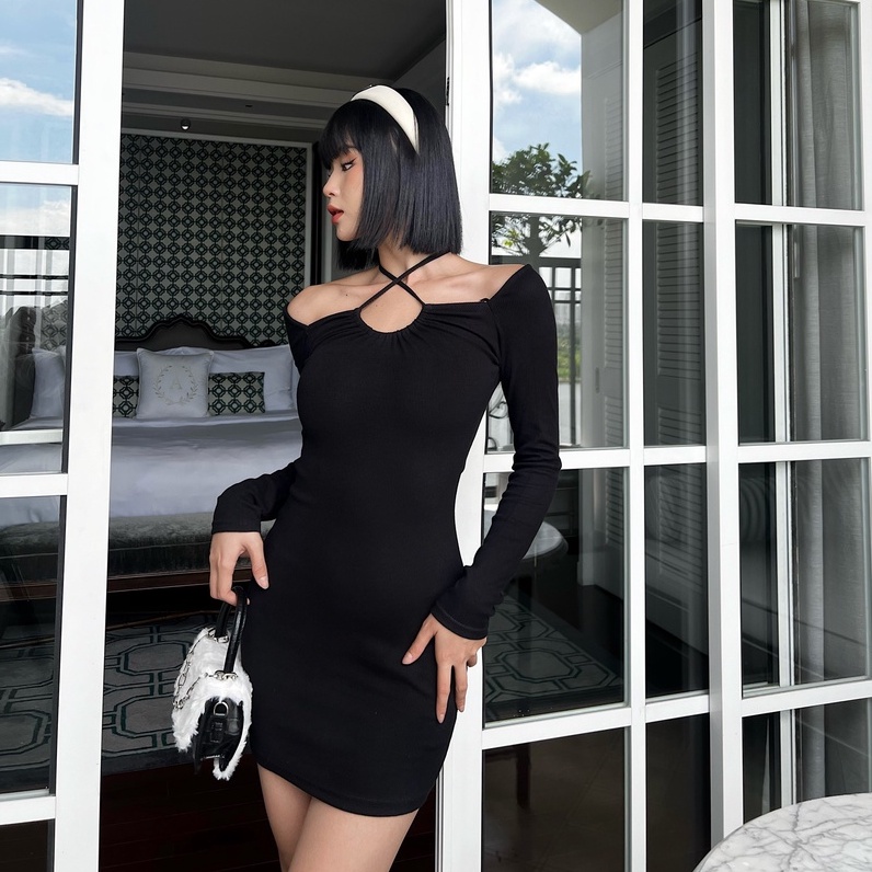 Đầm body dài tay TOPTIFY đầm tay dài bẹt vai ngực rút dây khoen Love Drunk Dress DT15