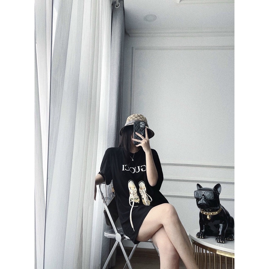 Áo thun nữ from rộng tay ngắn phông unisex dấu quần hình GUCI đôi giày chất cotton 4 chiều mềm mịn hot trend 2022