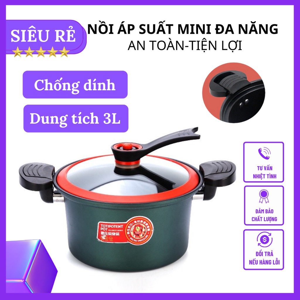 Nồi Áp Suất Mini Chống Dính Công Suất Lớn, Dung Tích 3L, Nồi Hầm Cháo Kho Các, Chiên Sào Đa Năng