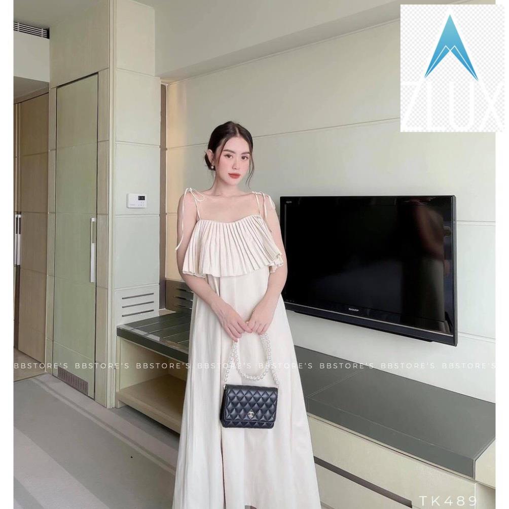 Đầm 2 dây maxi nữ dáng dài xếp li ngực váy dài đẹp đi biển hở lưng trắng nude đi tiệc đi chơi freeszie