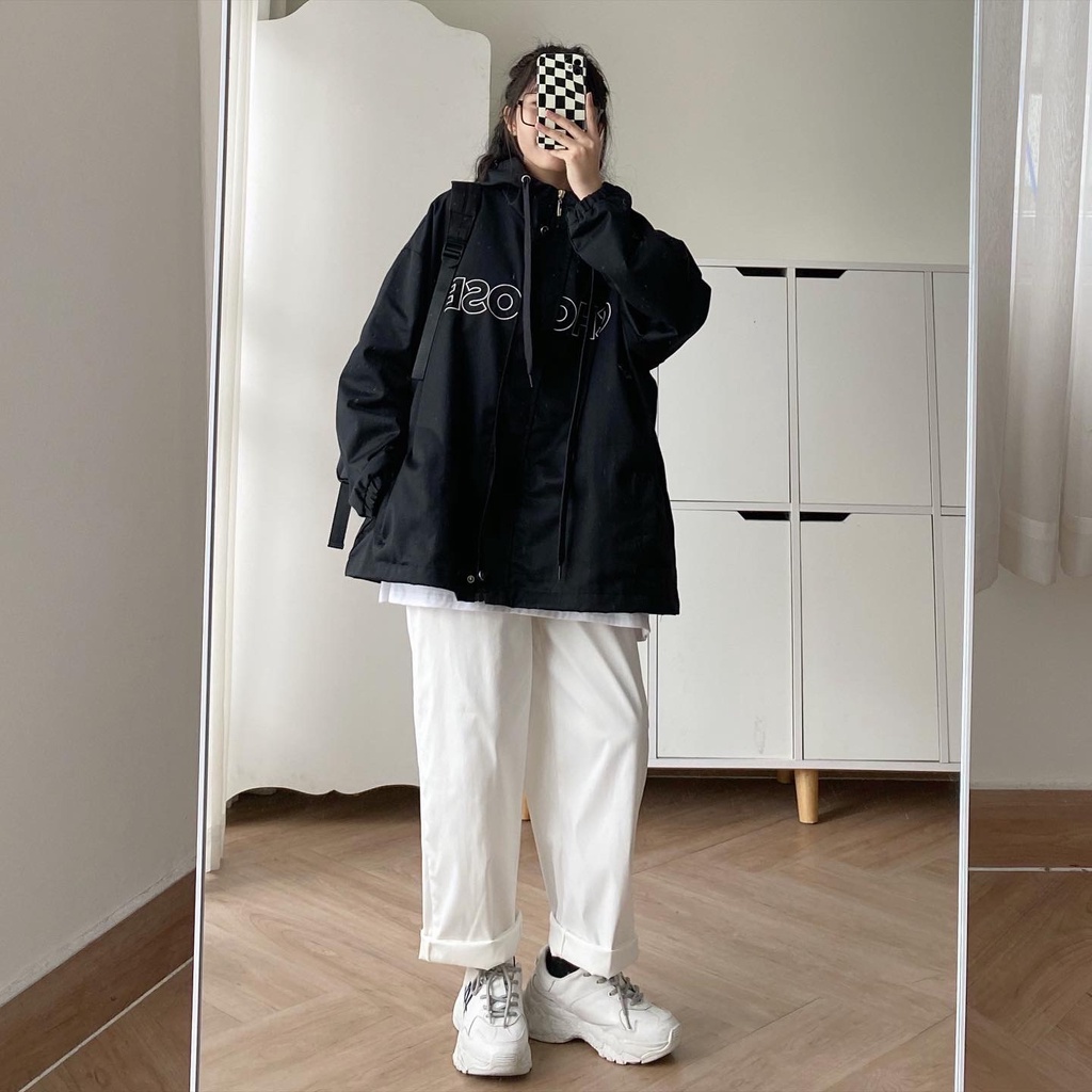 Áo Khoác Kaki Nữ Form Rộng Dáng Dài Áo Khoác Nữ Hàn Quốc Mũ Rộng Có Dây Rút Kéo Cổ Tay Bo DOPY Basic Ulzzang 10244