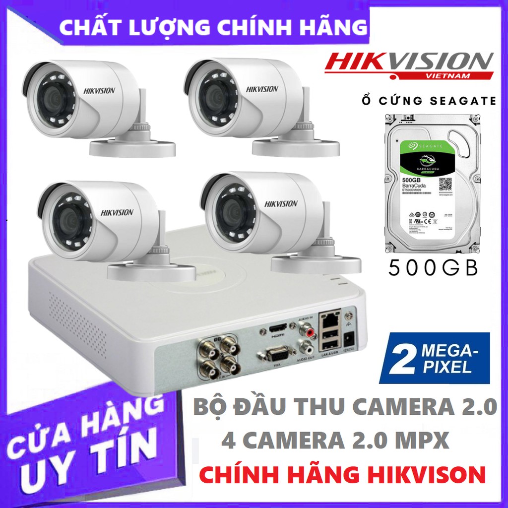 Bộ 4 Camera Hikvision 2.0MPX Chính Hãng Full HD 1080P kèm HDD 500G Seagate - Bảo Hành Chính Hãng 24 Tháng