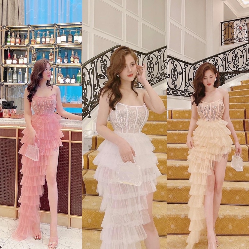 Đầm jum xoè xếp tầng đi tiệc cúp lưới nhũ lấp lánh kết đá sang trọng TRIPBLE T DRESS - size M/L -MS366V