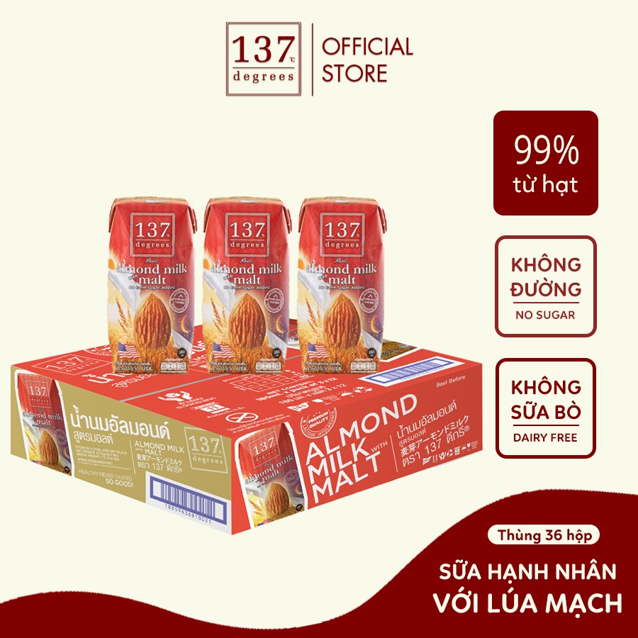 [Vị mới] Thùng Sữa hạt Hạnh nhân Lúa mạch 137 Degrees 180ml (36 hộp)