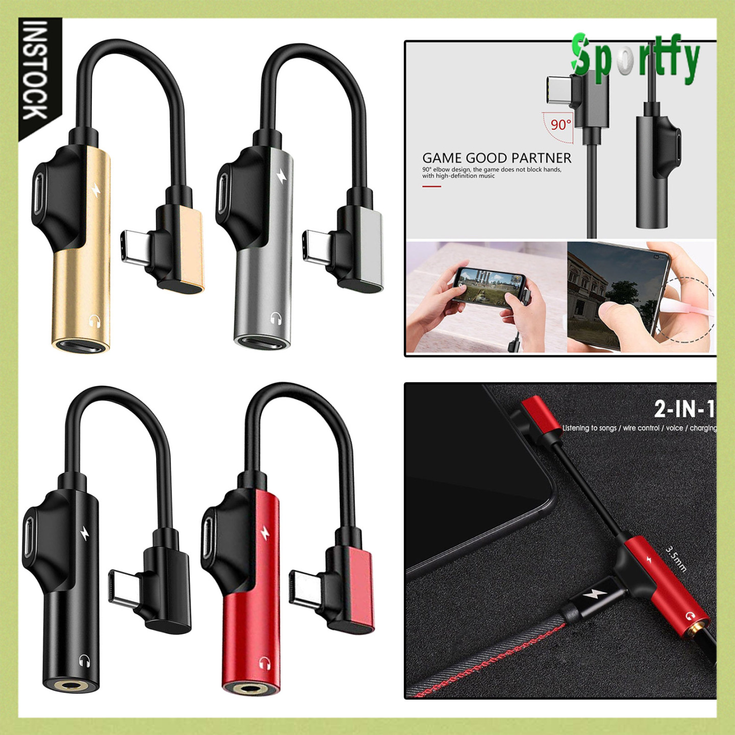 Sportfy 2-in-1 USB-C PD Headphone Jack Adapter for Aux Stereo Earphones