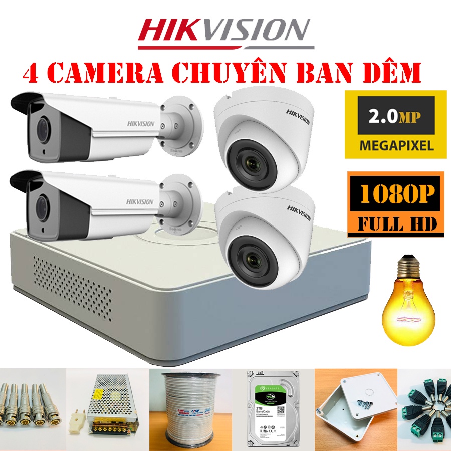 Trọn bộ 4 Camera Hikvision 2Mp DS - 2CE16D0T - IT3 Full HD 1080P Chính Hãng,Mắt Chuyên ban đêm