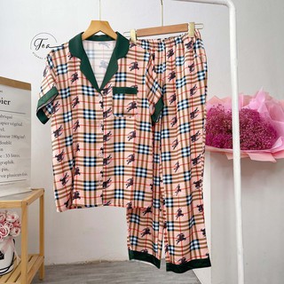 Tea store bộ lụa mặc nhà pyjama áo cộc quần dài freesize họa tiết ngựa