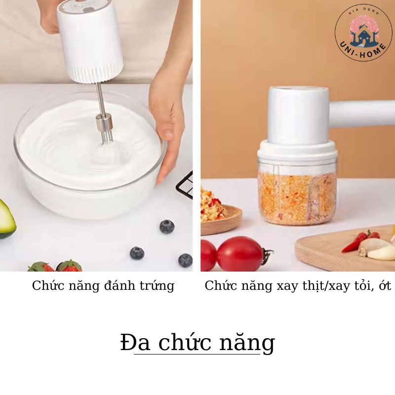 Máy Đánh Trứng Cầm Tay Mini Kiêm Máy Xay Thịt Đa Năng Sạc Tích Điện Xay Tỏi Ớt, Rau Củ Đa Năng