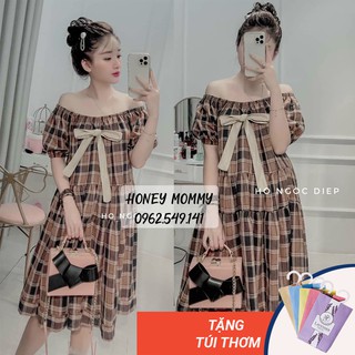 Váy Bầu Trễ Vai Kẻ Caro Nâu Nơ Ngực HD2828 Honey Mommy Đầm Bầu Đuôi Cá Đi Chơi Đi Tiệc Dáng Suông Xòe