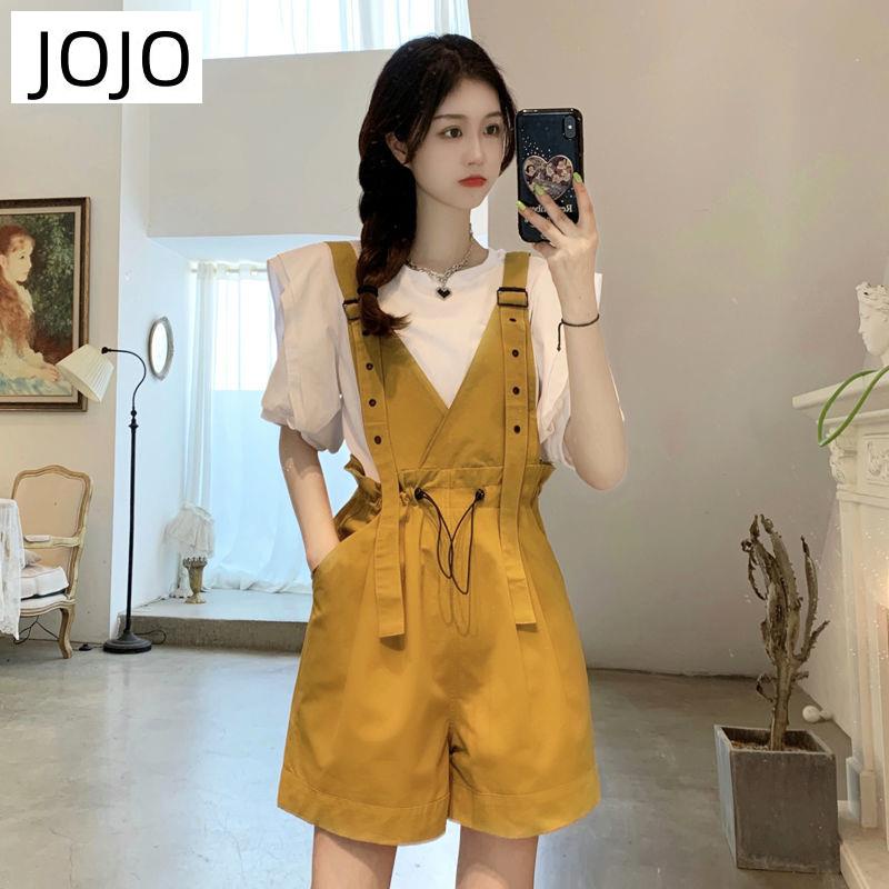 Set Áo Thun Ngắn Tay Form Rộng Và Quần Yếm Lưng Cao Thời Trang Dành Cho Nữ