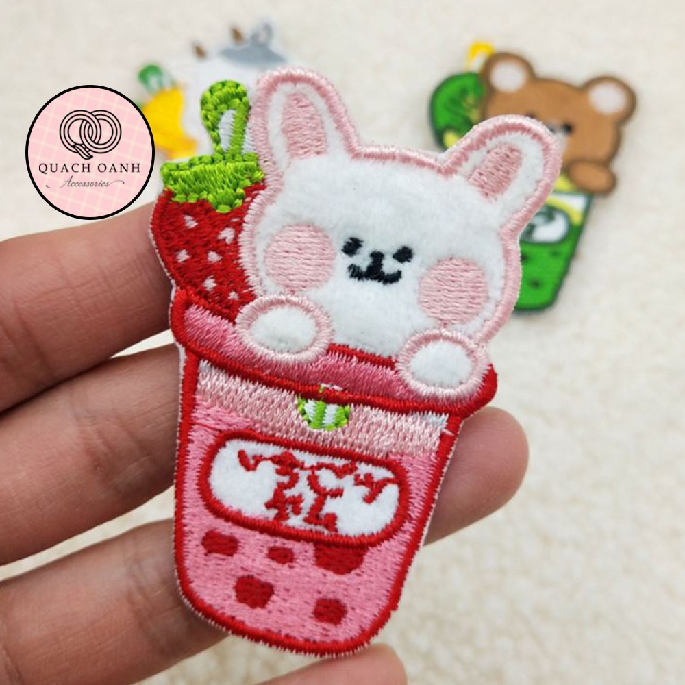 Sticker nhãn dán vải thêu hình cốc trà sữa thú cưng tự dính trang trí sổ, vở, mũ bảo hiểm - ST11